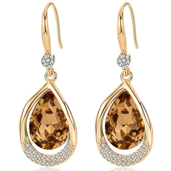 14K Yellow Gold and Brown Topaz Austrian Crystal Teardrop Halo Hook Earrings